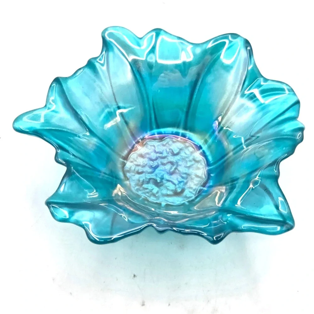 Akcam Blue Iridescent Turkish Floral Art Glass Bowl‎ Cottage Core - Picture 2 of 5